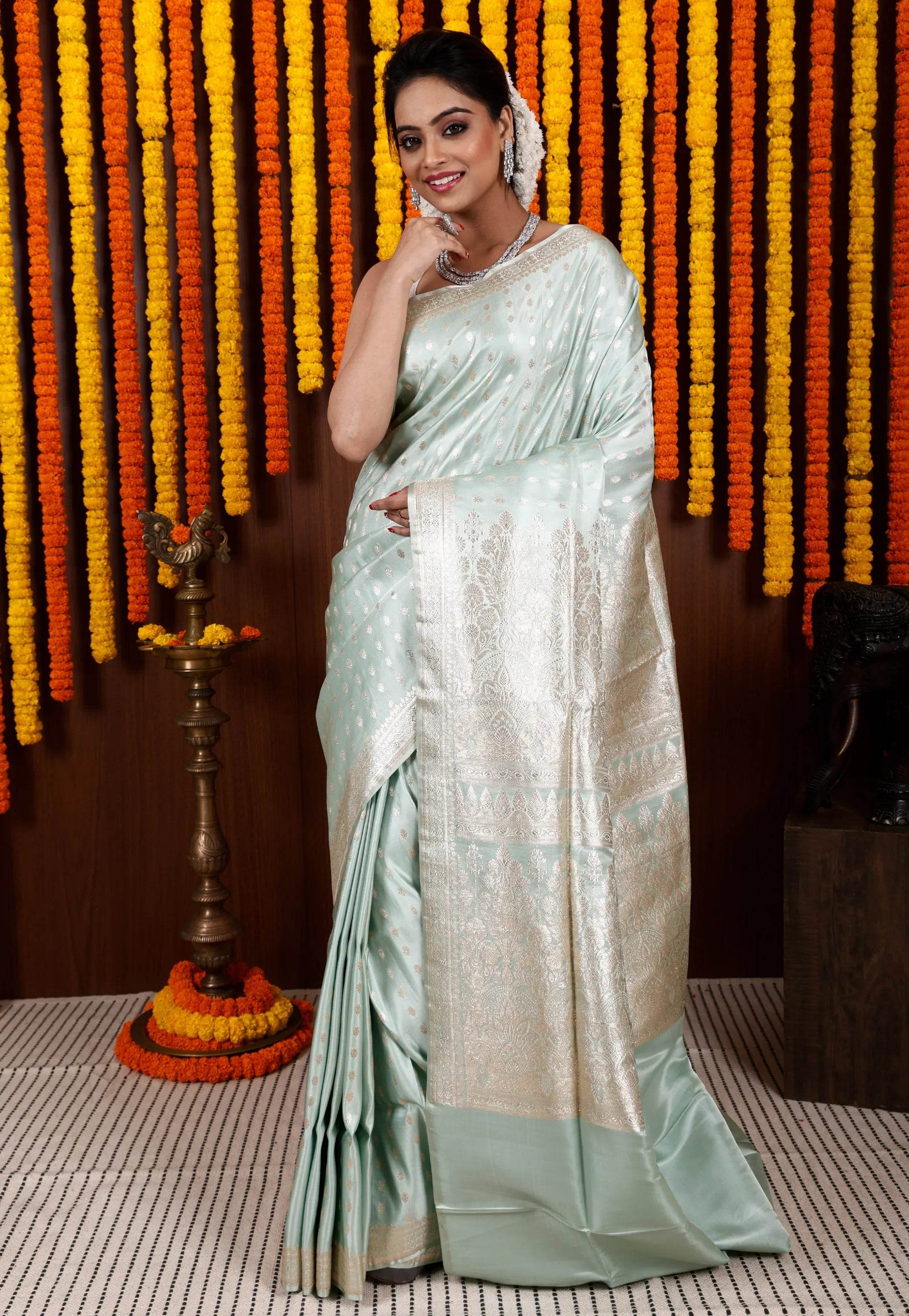 Light Green Pastel Banarasi Silk Saree With Blouse Piece - Adi Akshoy & Co.