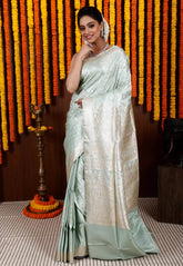 Light Green Pastel Banarasi Silk Saree With Blouse Piece - Adi Akshoy & Co.
