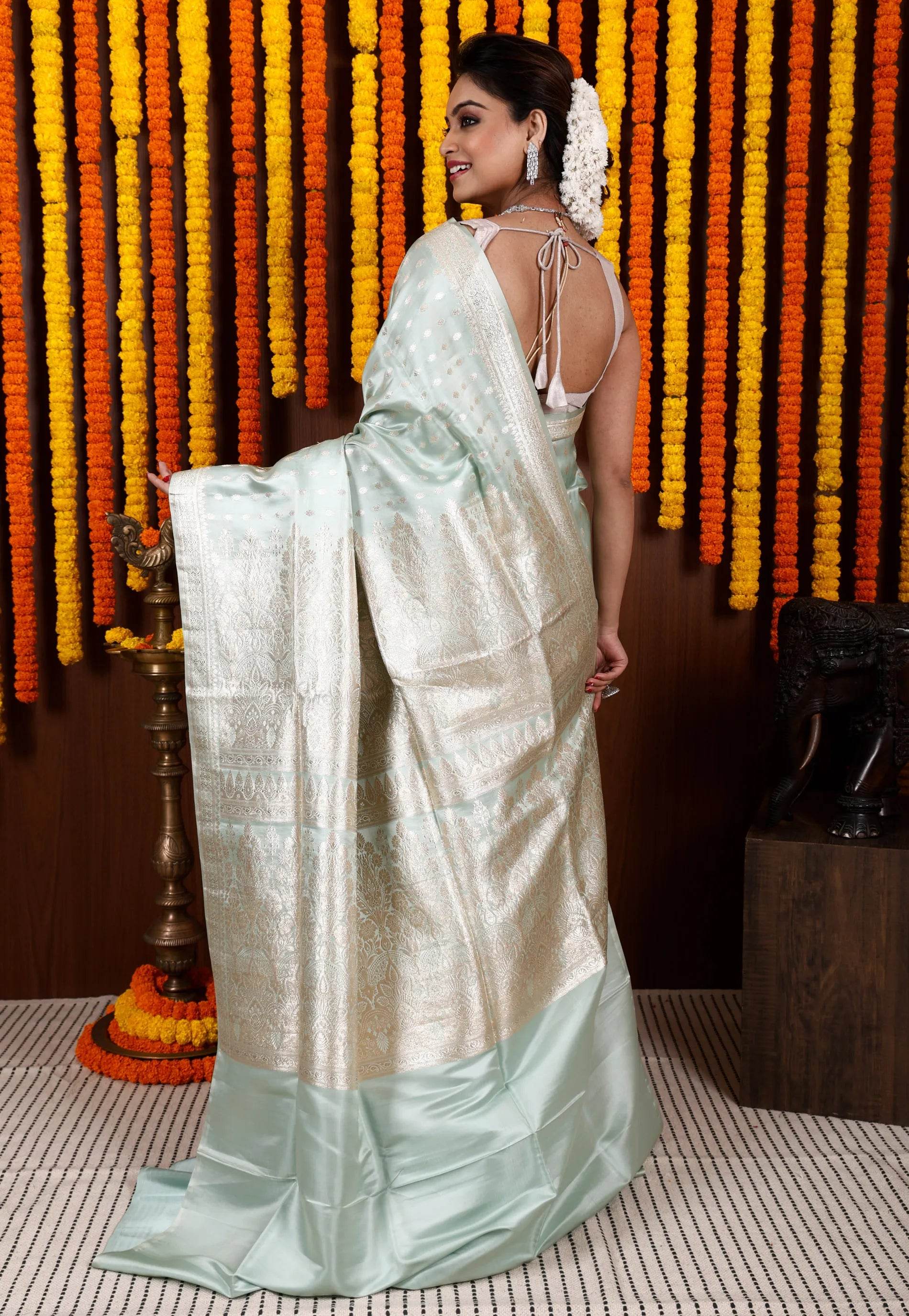 Light Green Pastel Banarasi Silk Saree With Blouse Piece - Adi Akshoy & Co.