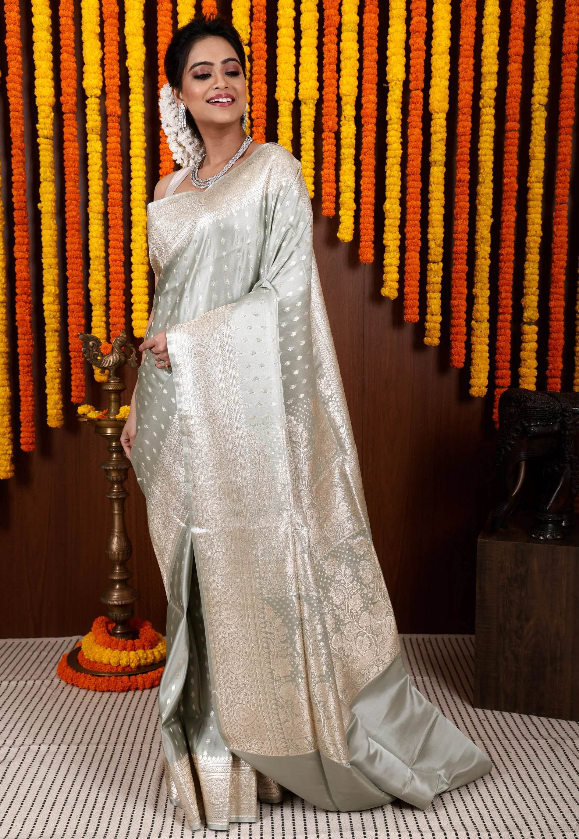 Grey Pastel Banarasi Silk Saree With Blouse Piece - Adi Akshoy & Co.