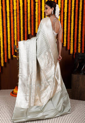 Grey Pastel Banarasi Silk Saree With Blouse Piece - Adi Akshoy & Co.