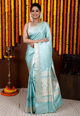 Sky Blue Pastel Banarasi Silk Saree With Blouse Piece - Adi Akshoy & Co.