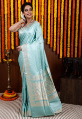 Sky Blue Pastel Banarasi Silk Saree With Blouse Piece - Adi Akshoy & Co.