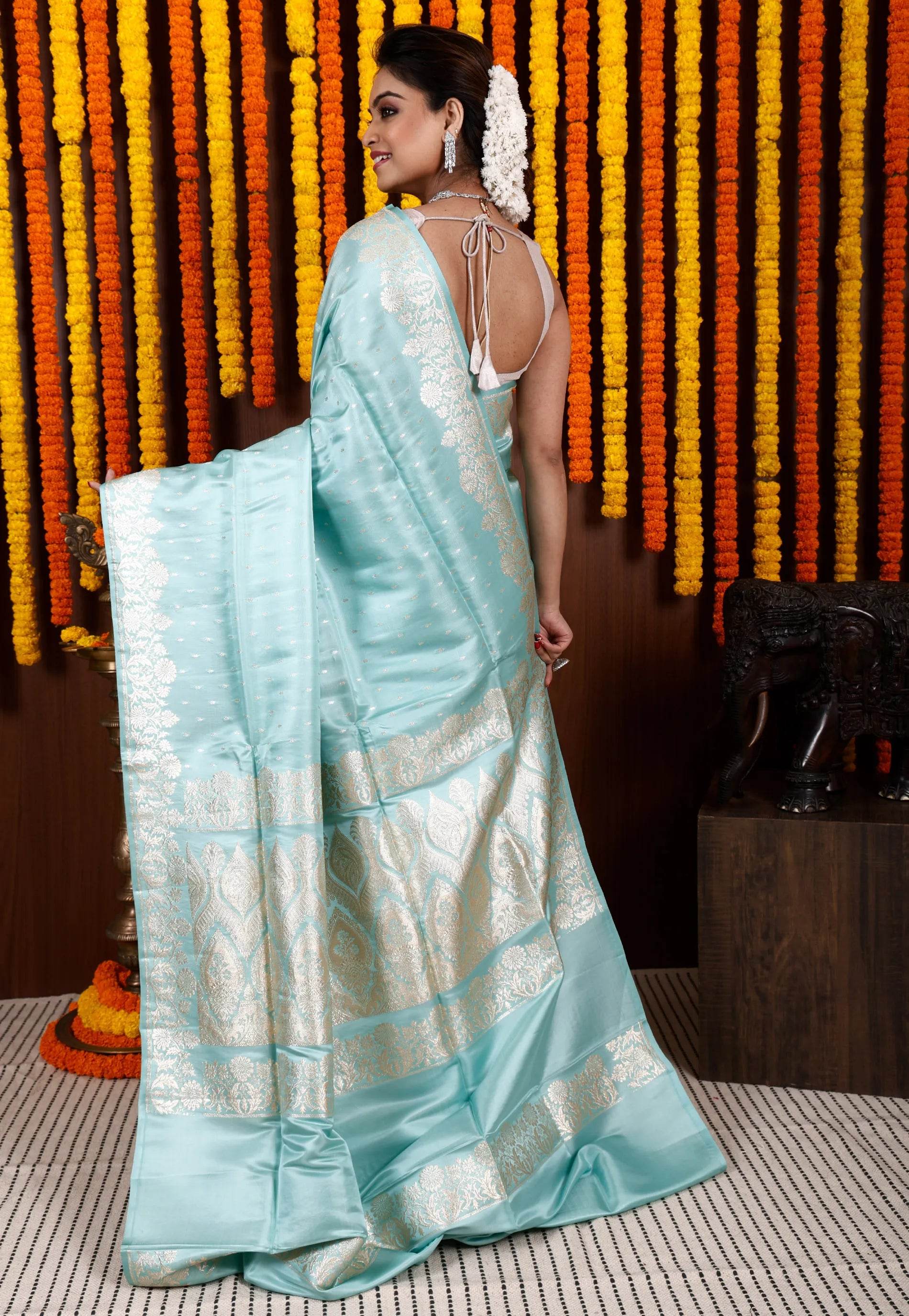Sky Blue Pastel Banarasi Silk Saree With Blouse Piece - Adi Akshoy & Co.