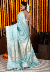 Sky Blue Pastel Banarasi Silk Saree With Blouse Piece - Adi Akshoy & Co.