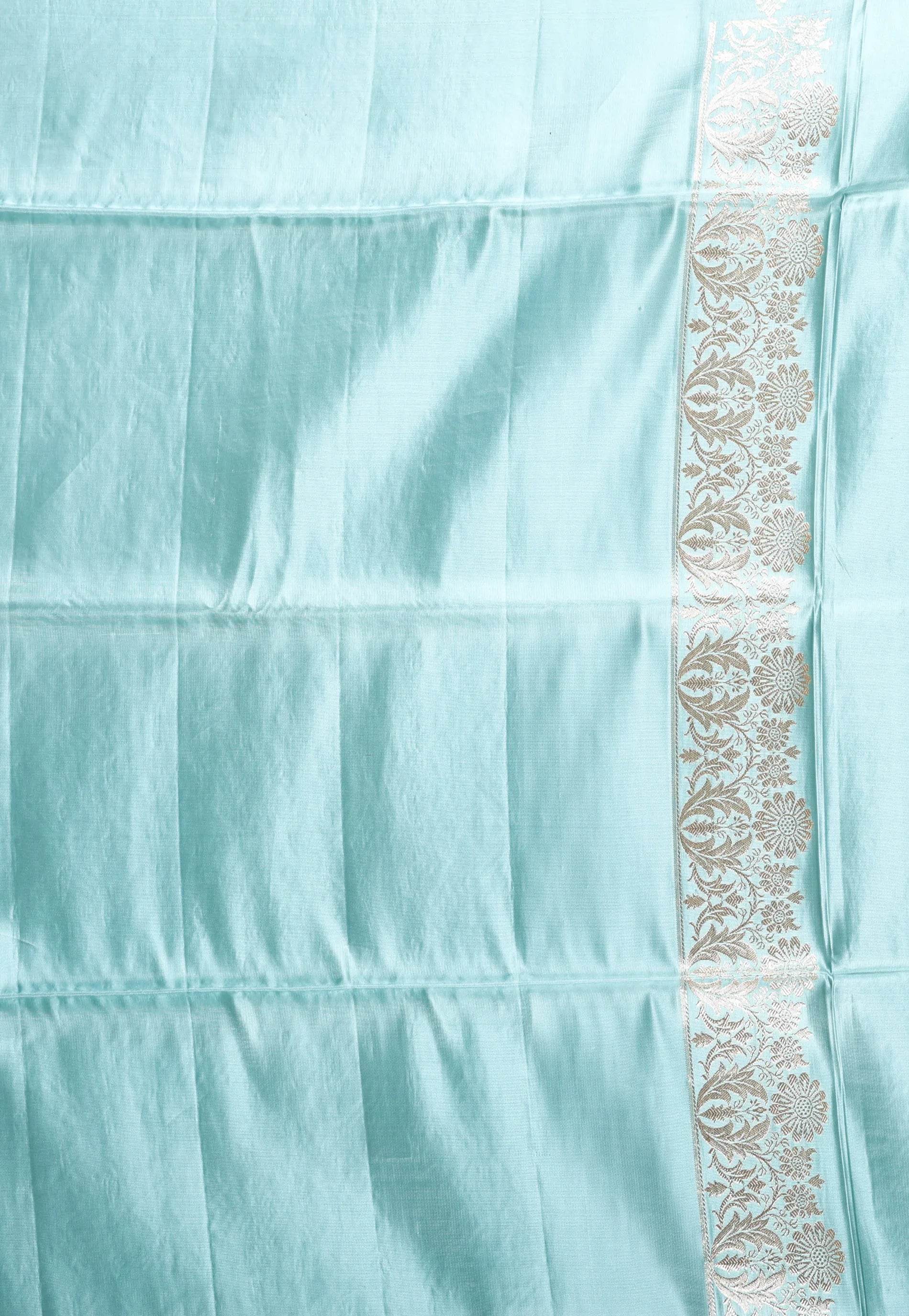 Sky Blue Pastel Banarasi Silk Saree With Blouse Piece - Adi Akshoy & Co.