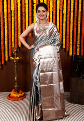 Copper and Blue combination Brocade Tissue Kanjivaram Silk Saree With Blouse Piece - Adi Akshoy & Co.