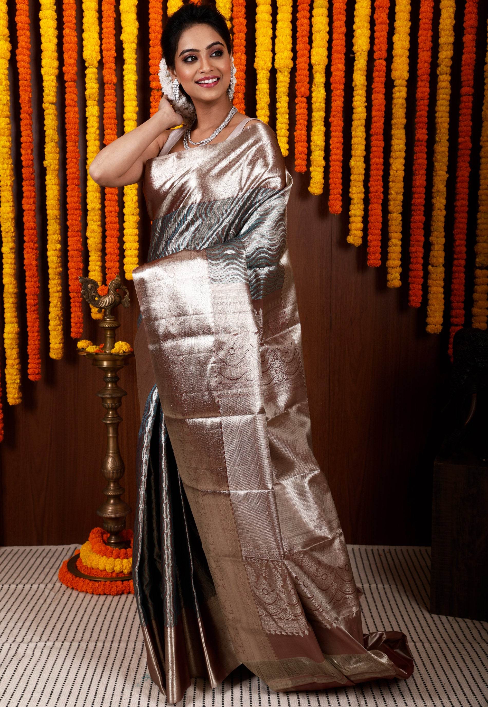 Copper and Blue combination Brocade Tissue Kanjivaram Silk Saree With Blouse Piece - Adi Akshoy & Co.