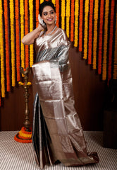 Copper and Blue combination Brocade Tissue Kanjivaram Silk Saree With Blouse Piece - Adi Akshoy & Co.