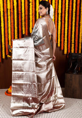 Copper and Blue combination Brocade Tissue Kanjivaram Silk Saree With Blouse Piece - Adi Akshoy & Co.
