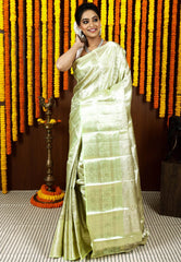 Light Lime Green Brocade Tissue Kanjivaram Silk Saree With Blouse Piece - Adi Akshoy & Co.