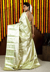 Light Lime Green Brocade Tissue Kanjivaram Silk Saree With Blouse Piece - Adi Akshoy & Co.