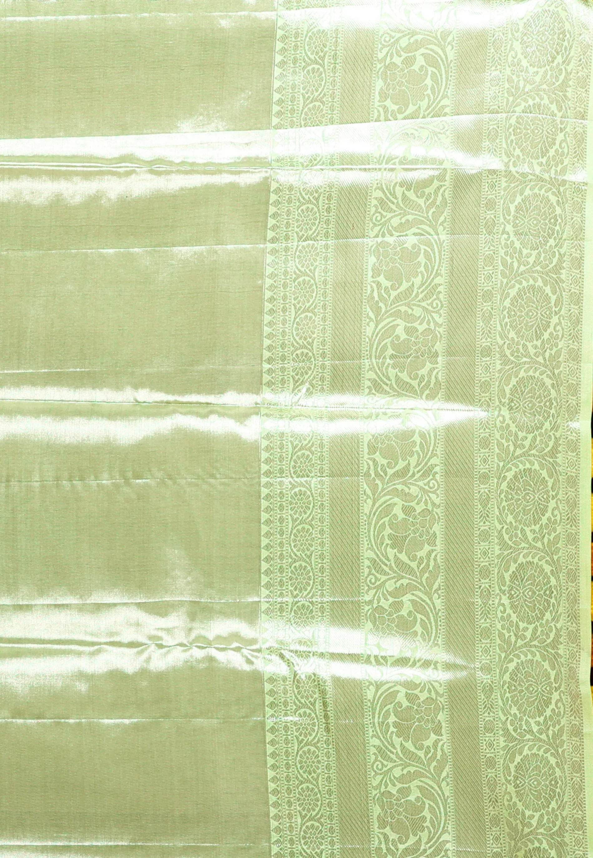 Light Lime Green Brocade Tissue Kanjivaram Silk Saree With Blouse Piece - Adi Akshoy & Co.
