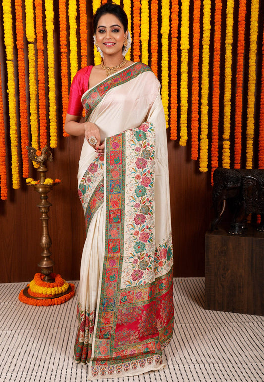 White Kani Silk Saree With Blouse Piece - Adi Akshoy & Co.
