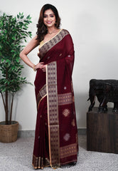 Maroon Handloom Saree With Blouse Piece - Adi Akshoy & Co.