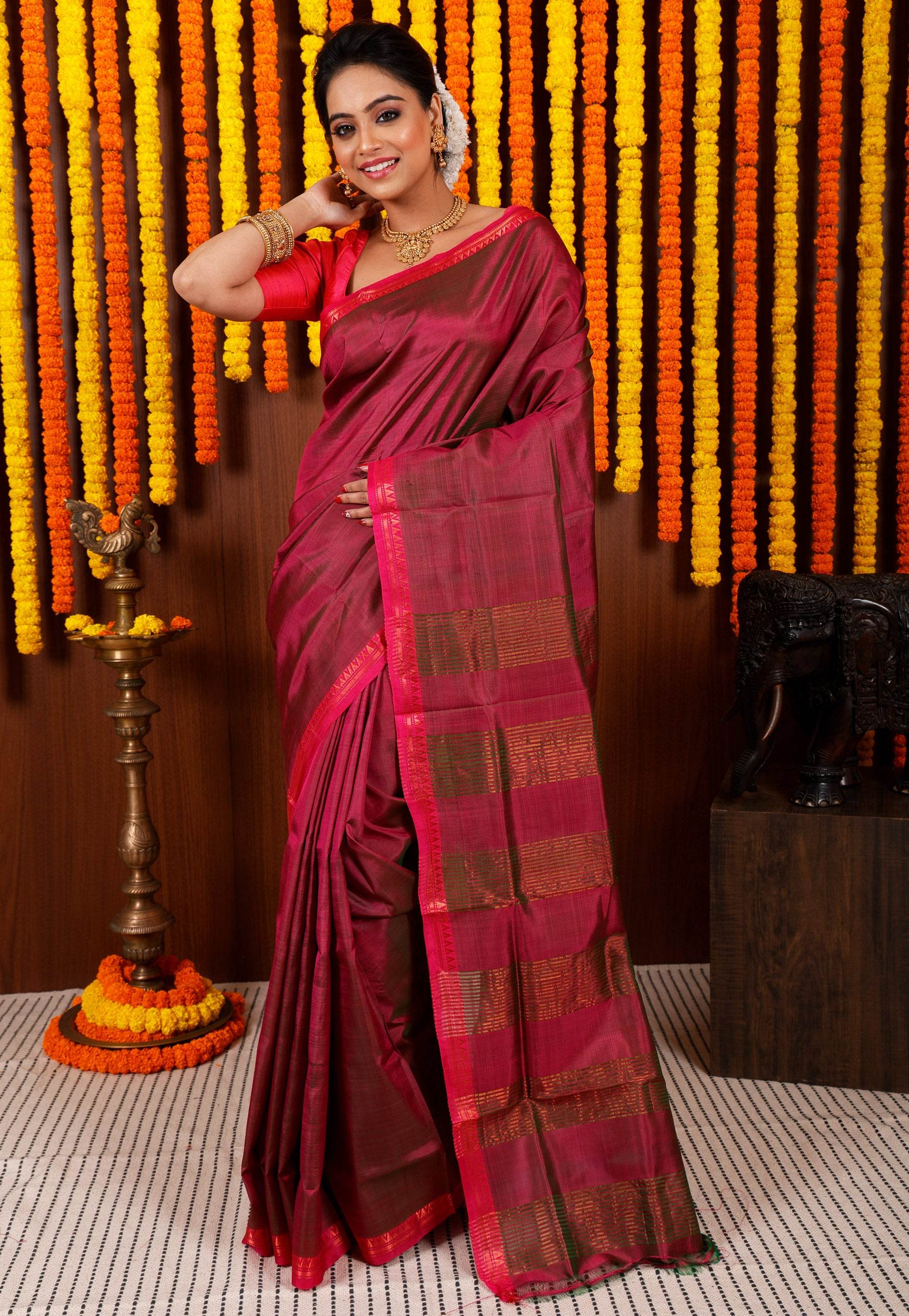 Magenta Katan Pure Silk Saree With Blouse Piece - Adi Akshoy & Co.