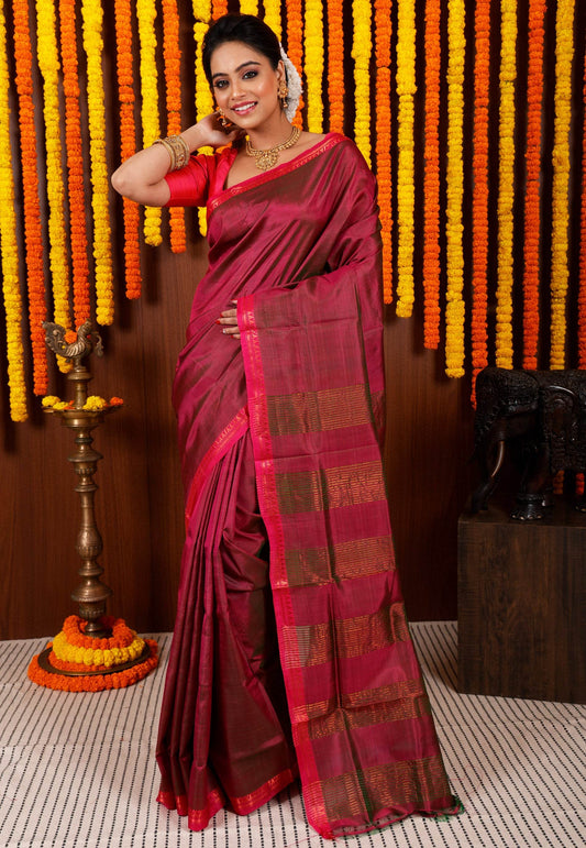 Magenta Katan Pure Silk Saree With Blouse Piece - Adi Akshoy & Co.