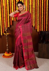 Magenta Katan Pure Silk Saree With Blouse Piece - Adi Akshoy & Co.