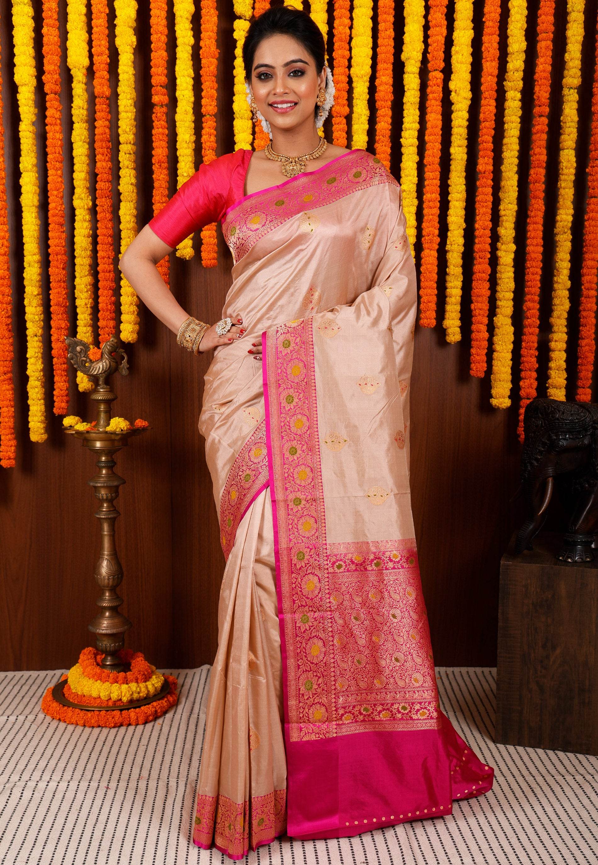 Beige Minakari with Magenta Border Kadwa Katan Pure Silk Saree With Blouse Piece - Adi Akshoy & Co.
