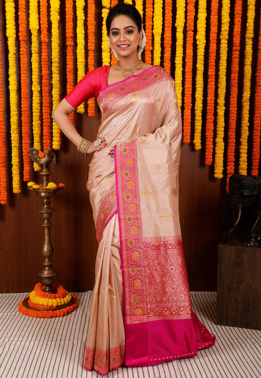 Beige Minakari with Magenta Border Kadwa Katan Pure Silk Saree With Blouse Piece - Adi Akshoy & Co.