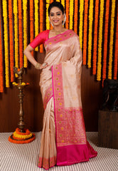 Beige Minakari with Magenta Border Kadwa Katan Pure Silk Saree With Blouse Piece - Adi Akshoy & Co.