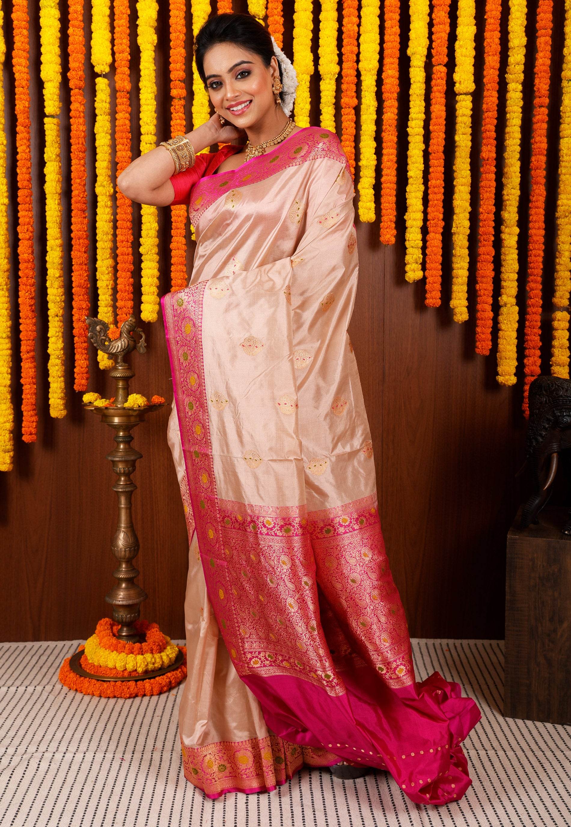 Beige Minakari with Magenta Border Kadwa Katan Pure Silk Saree With Blouse Piece - Adi Akshoy & Co.