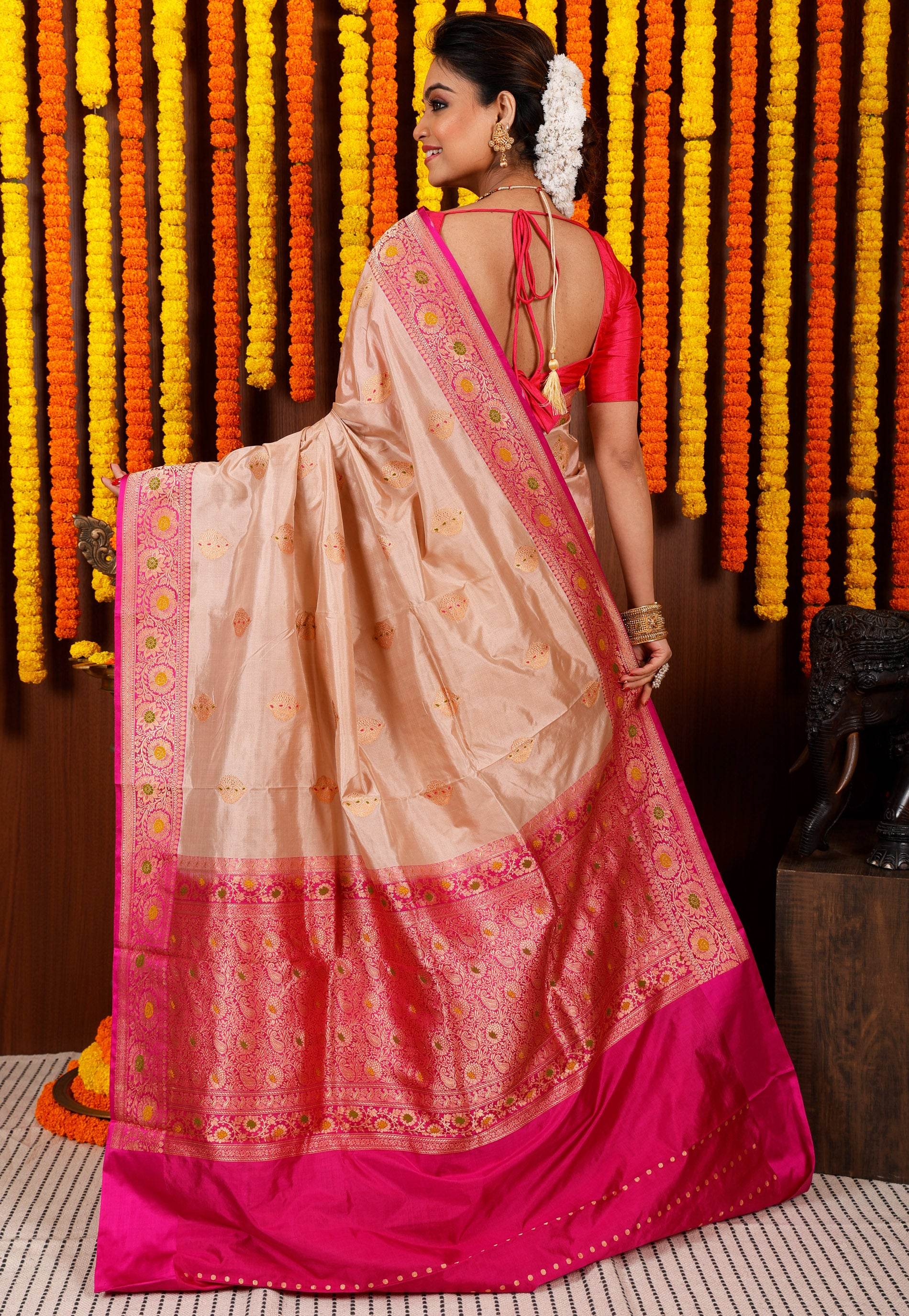 Beige Minakari with Magenta Border Kadwa Katan Pure Silk Saree With Blouse Piece - Adi Akshoy & Co.
