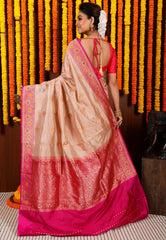 Beige Minakari with Magenta Border Kadwa Katan Pure Silk Saree With Blouse Piece - Adi Akshoy & Co.
