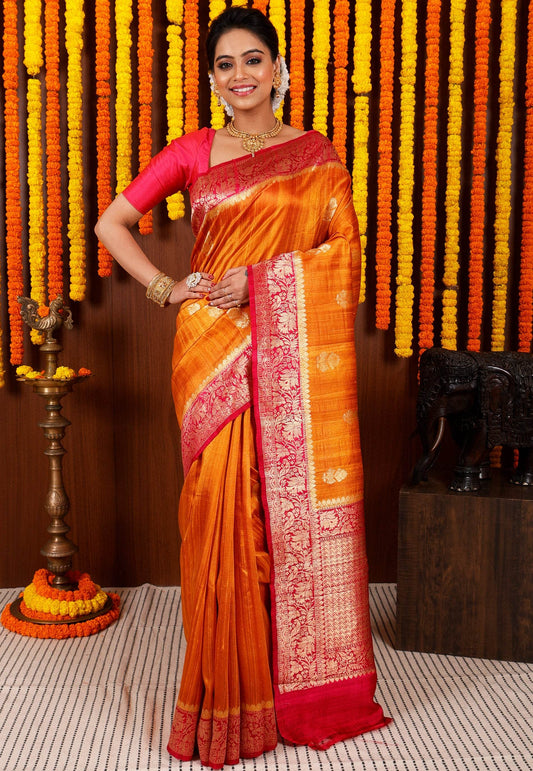Mustard Yellow Tussar Pure Silk Saree with Blouse Piece - Adi Akshoy & Co.