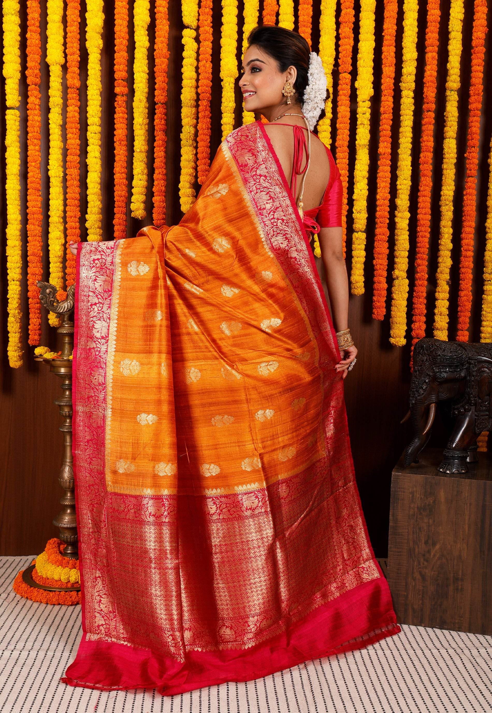Mustard Yellow Tussar Pure Silk Saree with Blouse Piece - Adi Akshoy & Co.