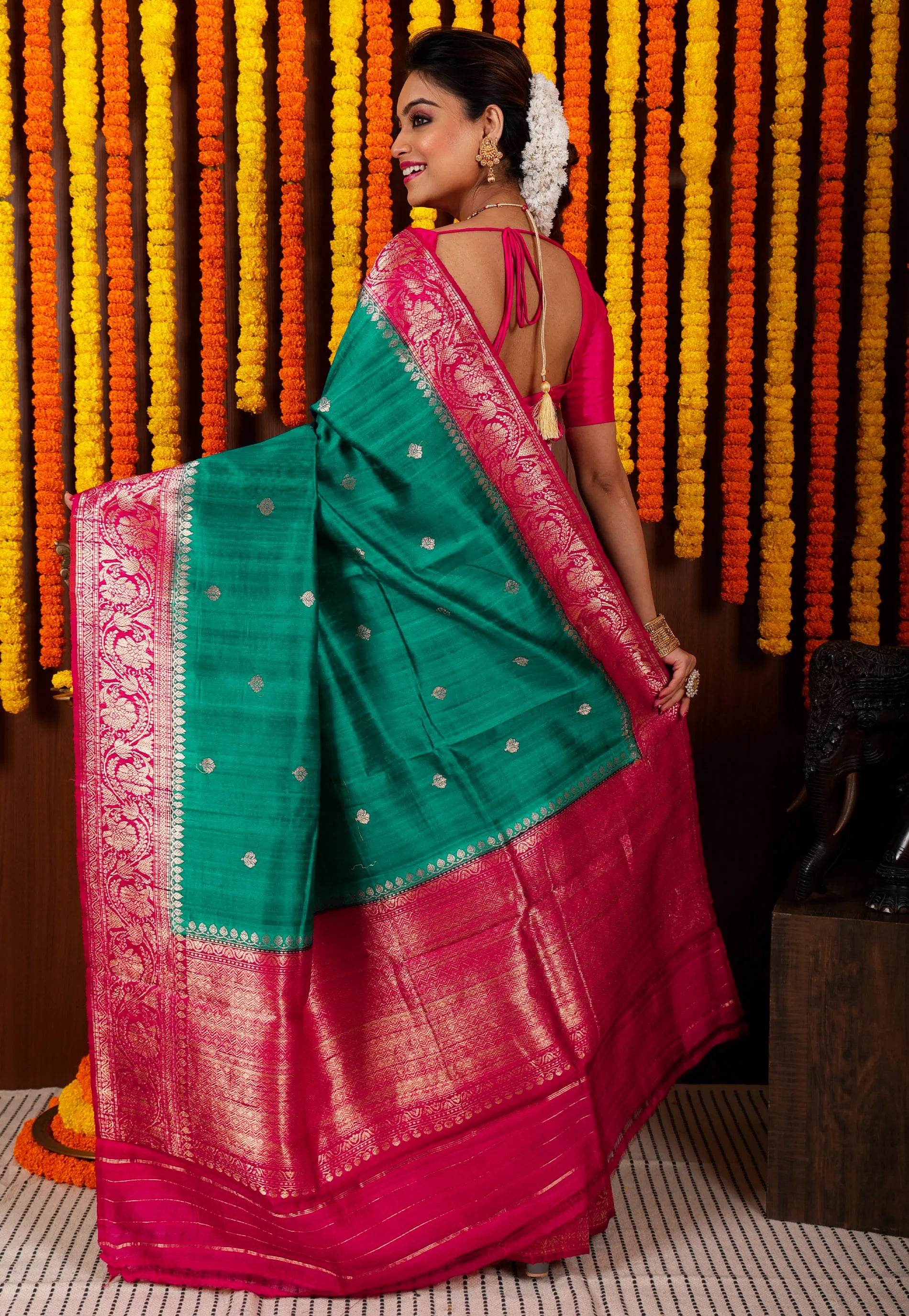 Blue Tussar Pure Silk Saree with Blouse Piece - Adi Akshoy & Co.
