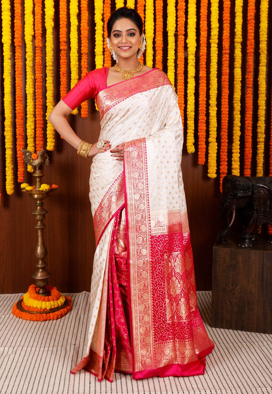 Off White with Rani Pink Border Korial Patli Banarasi Silk Saree With Blouse Piece - Adi Akshoy & Co.