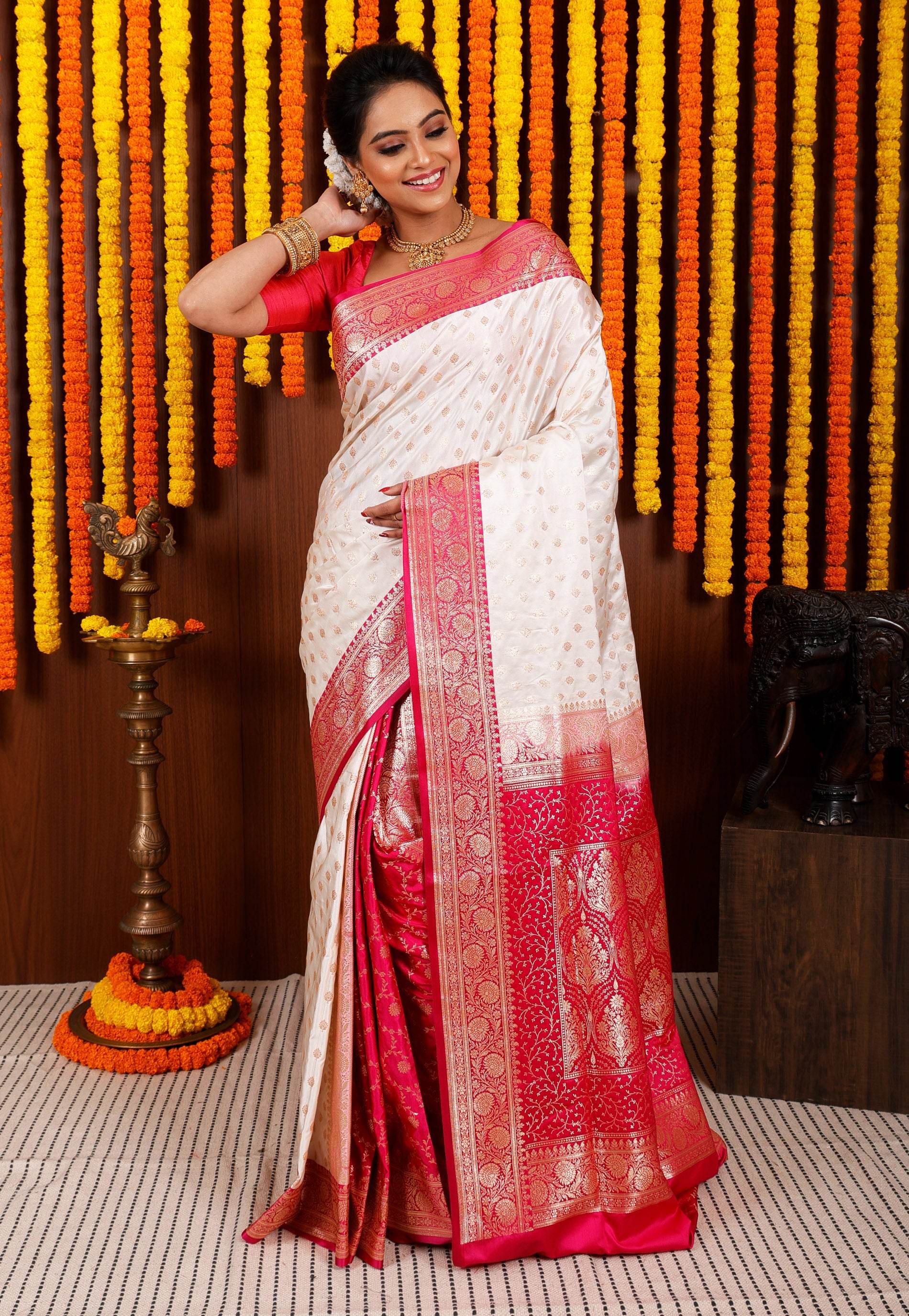 Off White with Rani Pink Border Korial Patli Banarasi Silk Saree With Blouse Piece - Adi Akshoy & Co.