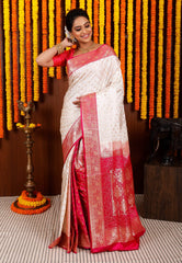 Off White with Rani Pink Border Korial Patli Banarasi Silk Saree With Blouse Piece - Adi Akshoy & Co.