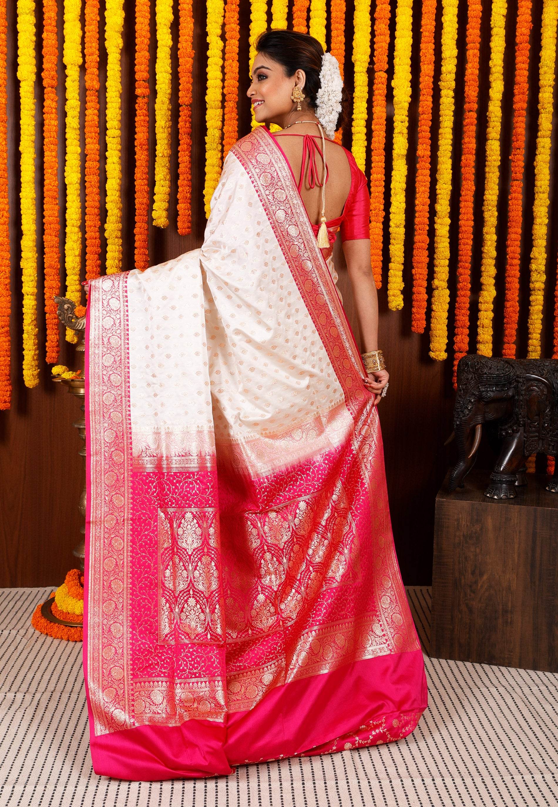 Off White with Rani Pink Border Korial Patli Banarasi Silk Saree With Blouse Piece - Adi Akshoy & Co.