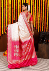 Off White with Rani Pink Border Korial Patli Banarasi Silk Saree With Blouse Piece - Adi Akshoy & Co.