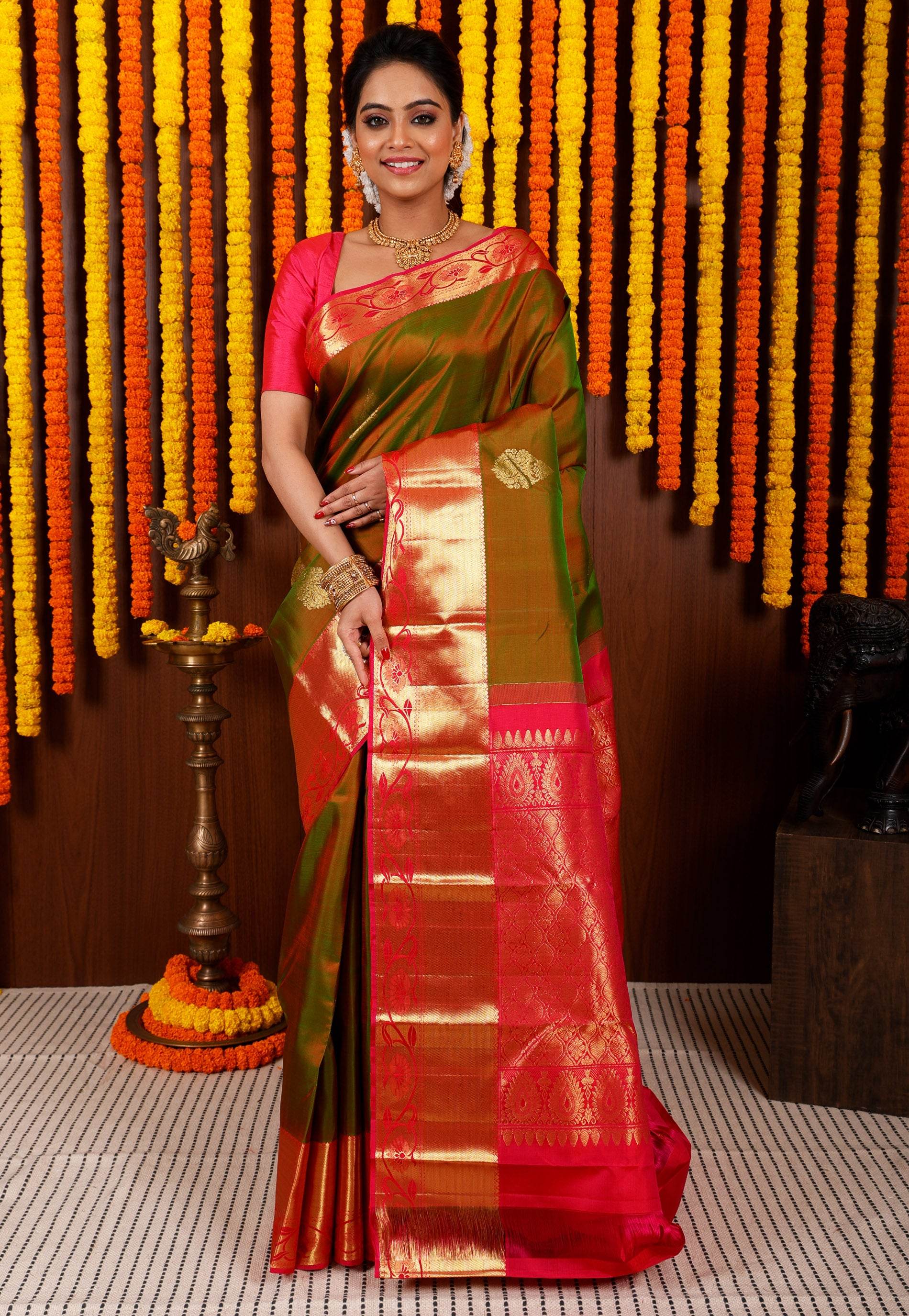 Cross Green with Rani Pink Border Kanjivaram Silk Saree With Blouse Piece - Adi Akshoy & Co.
