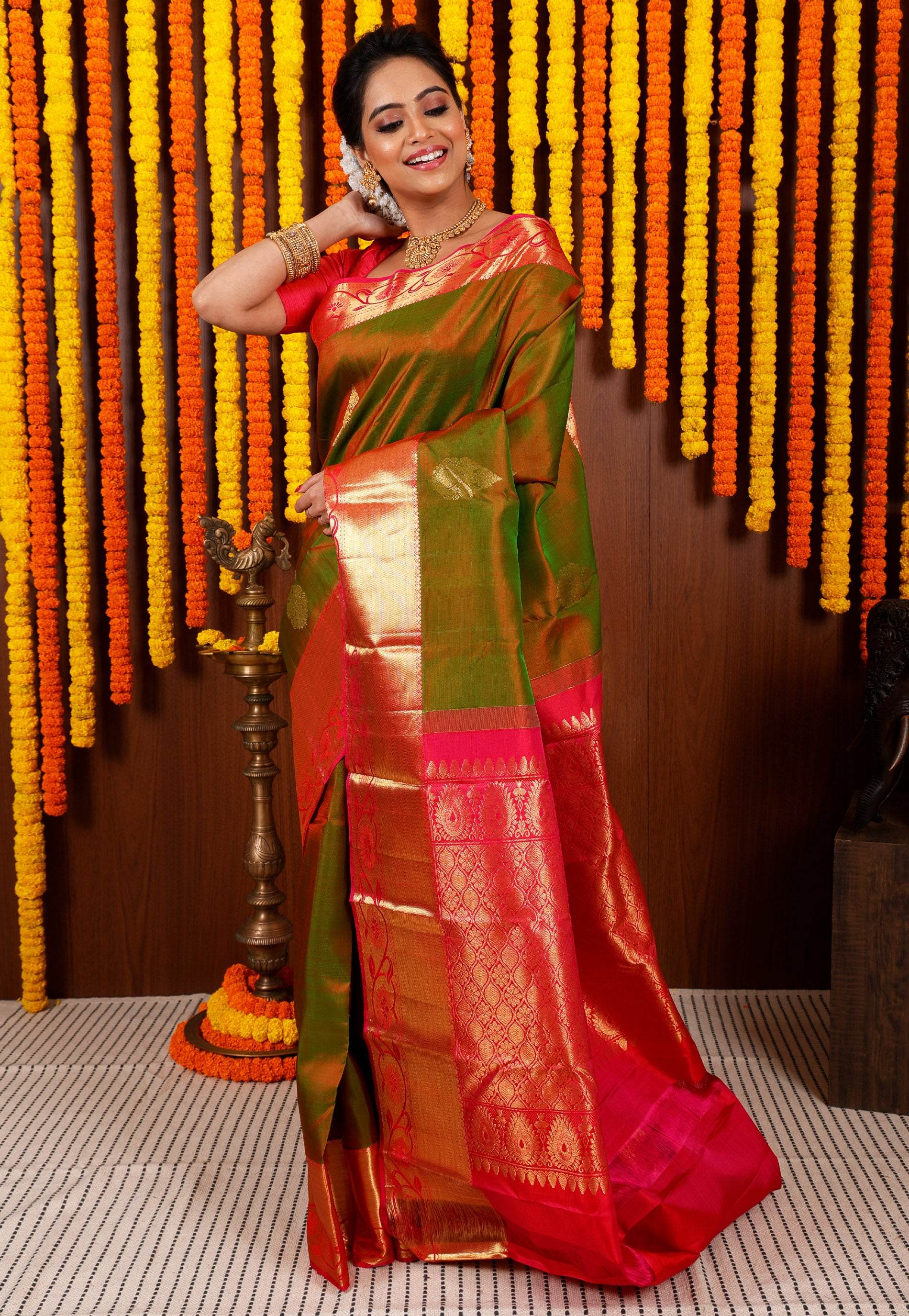 Cross Green with Rani Pink Border Kanjivaram Silk Saree With Blouse Piece - Adi Akshoy & Co.