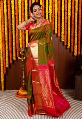 Cross Green with Rani Pink Border Kanjivaram Silk Saree With Blouse Piece - Adi Akshoy & Co.