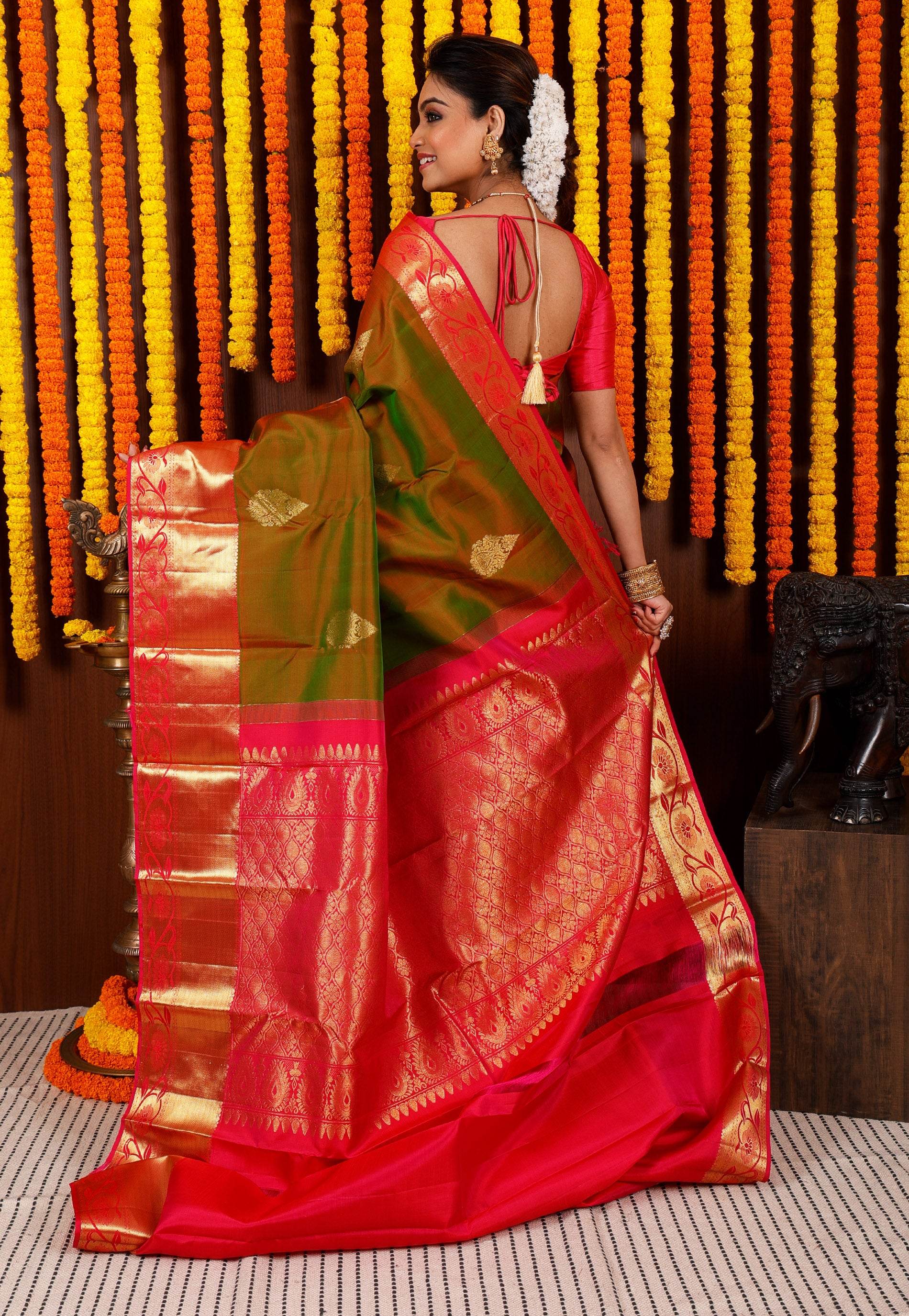 Cross Green with Rani Pink Border Kanjivaram Silk Saree With Blouse Piece - Adi Akshoy & Co.