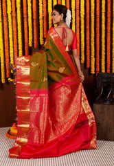 Cross Green with Rani Pink Border Kanjivaram Silk Saree With Blouse Piece - Adi Akshoy & Co.