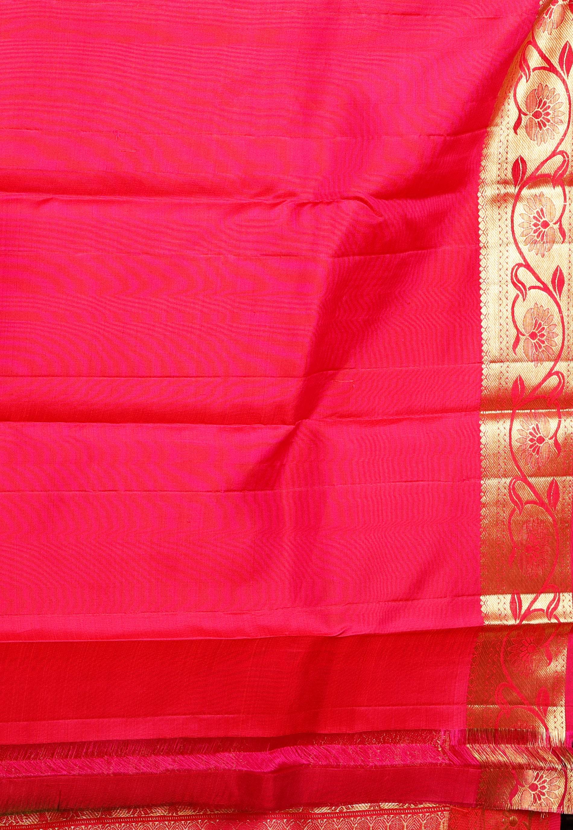 Cross Green with Rani Pink Border Kanjivaram Silk Saree With Blouse Piece - Adi Akshoy & Co.