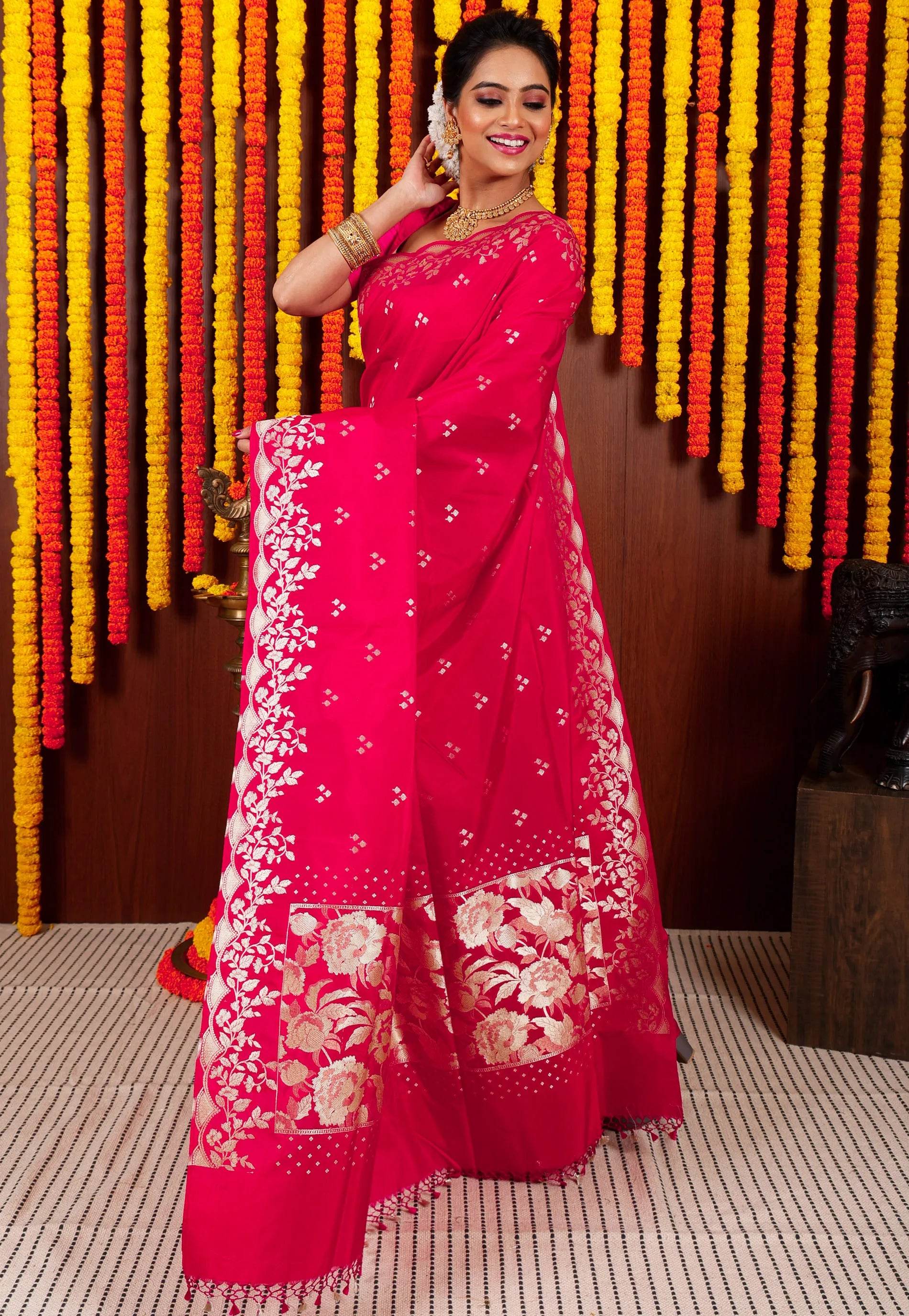 Rani Pink Katan Silk Saree With Blouse Piece - Adi Akshoy & Co.