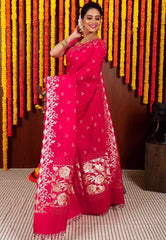 Rani Pink Katan Silk Saree With Blouse Piece - Adi Akshoy & Co.