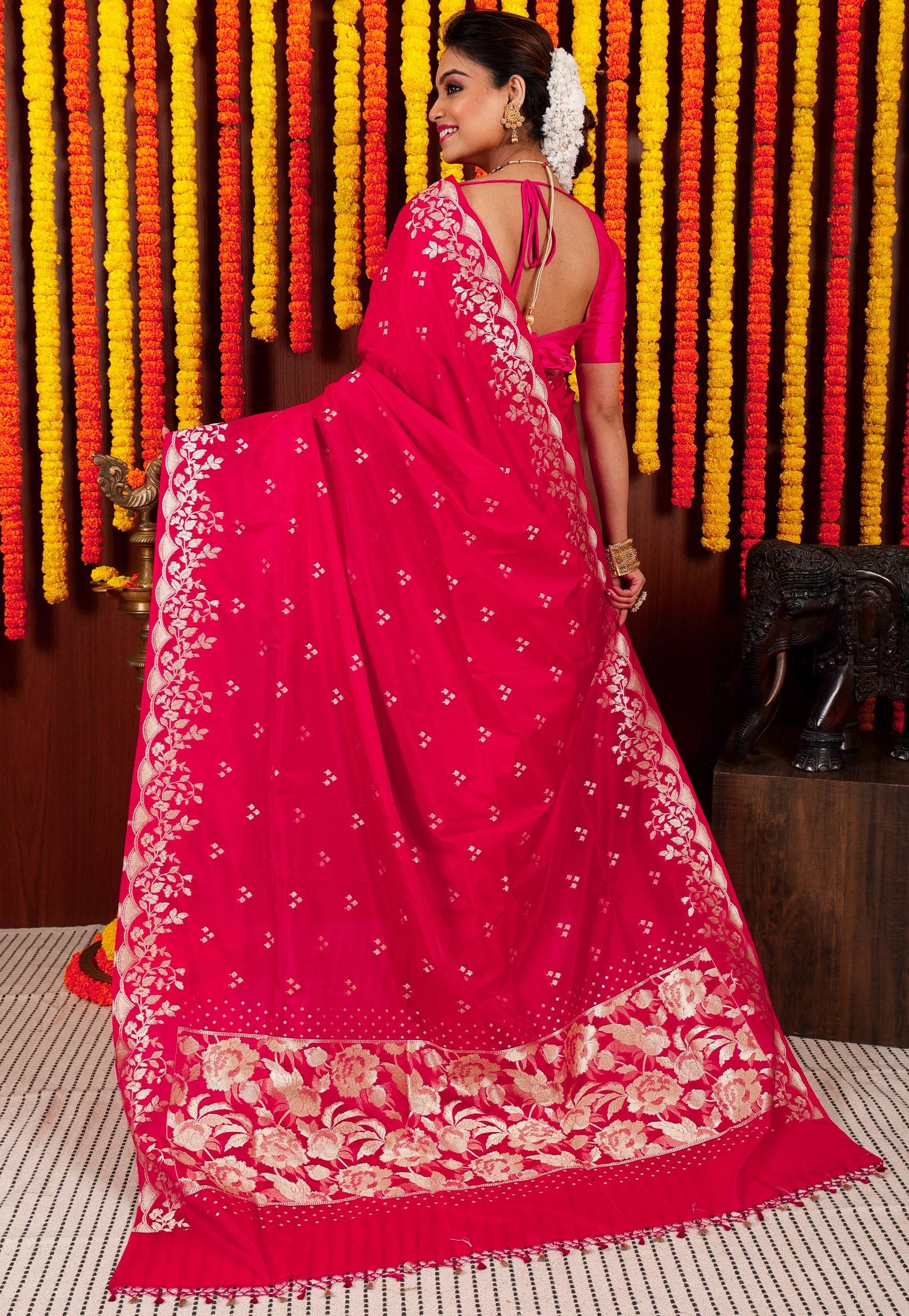 Rani Pink Katan Silk Saree With Blouse Piece - Adi Akshoy & Co.