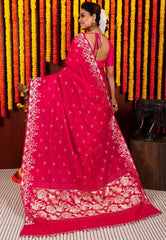 Rani Pink Katan Silk Saree With Blouse Piece - Adi Akshoy & Co.