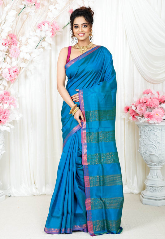 Feroza Blue Katan Silk Saree With Blouse Piece - Adi Akshoy & Co.