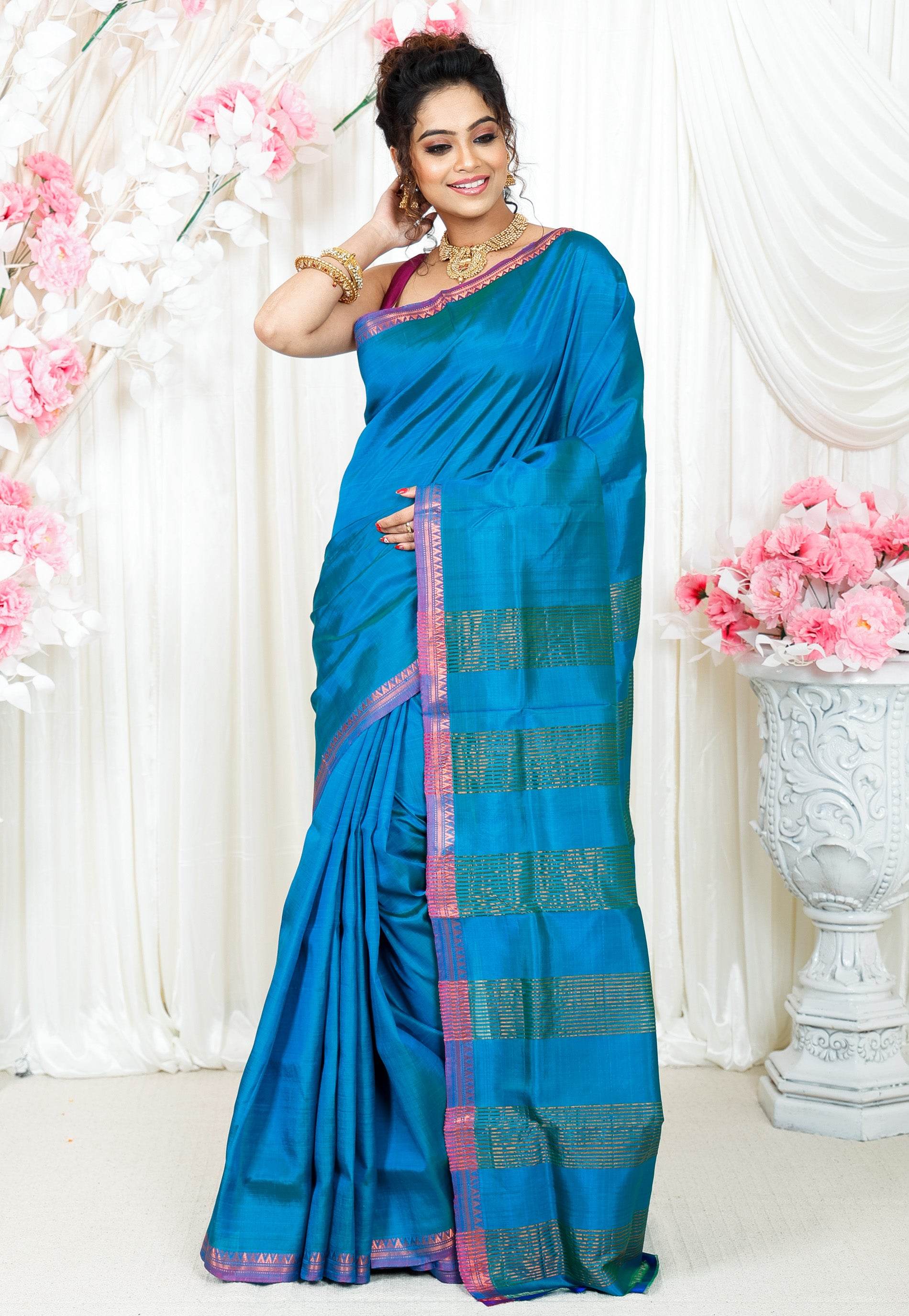 Feroza Blue Katan Silk Saree With Blouse Piece - Adi Akshoy & Co.