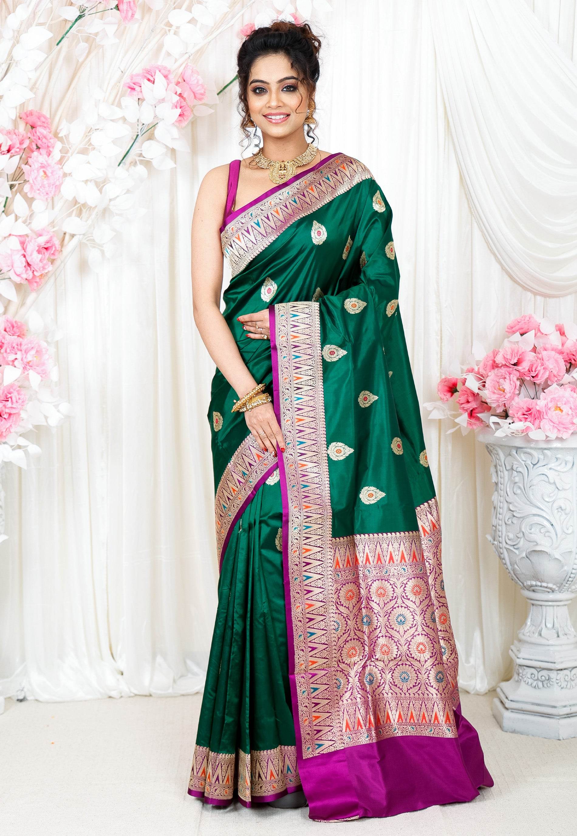 Bottle Green Minakari with Purple Border Kadwa Katan Pure Silk Saree With Blouse Piece - Adi Akshoy & Co.