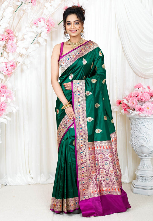 Bottle Green Minakari with Purple Border Kadwa Katan Pure Silk Saree With Blouse Piece - Adi Akshoy & Co.